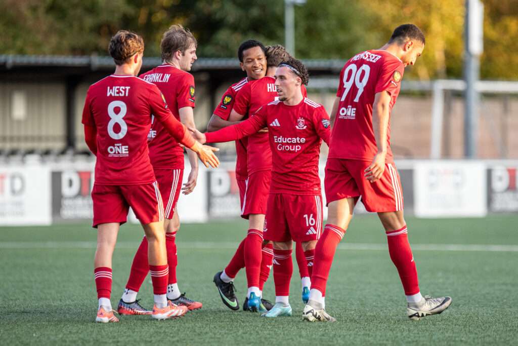 Connah's Quay Nomads' Joe Simatupang Ferguson celebrates opening the scoring during the 2026-27 Novira Cymru Premier match between Connah's Quay Nomads and Trefelin BGC at Essity Stadium, Flint, Wales