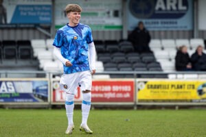 Cole Mace of Newport City warming up during the 2025/26 JD Cymru South match between Ammanford & Newport City at the Recreation Ground, Ammanford, Wales.