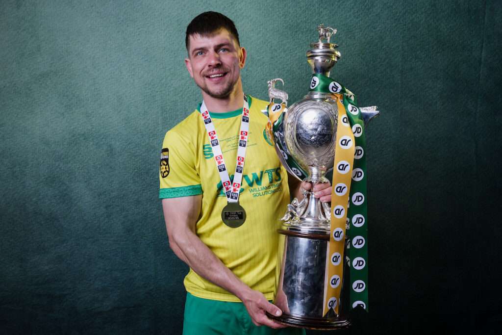 Caernarfon Town's Darren Thomas during the 2025/26 JD FAW Welsh football Cup Final fixture between Caernarfon Town F.C & Flint Town United F.C at Rodney Parade, Newport, Wales