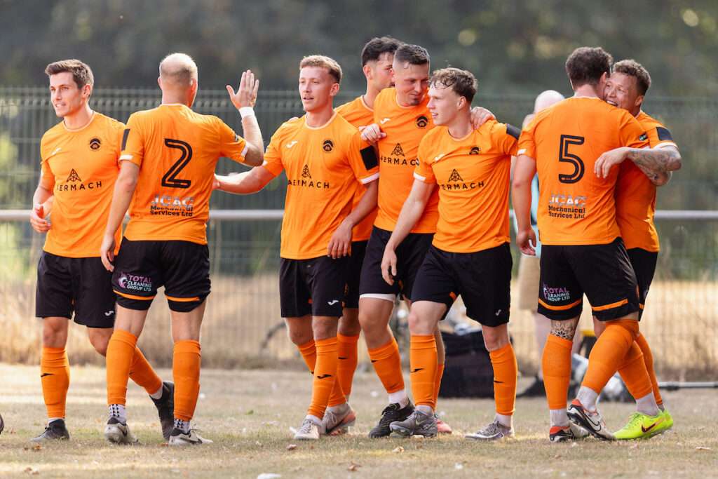 Pontypridd's Ethan Edwards with his 2nd goal of the game and celebrates 1-4 during the 2026/27 Novira Cymru South fixture between Cardiff Draconians FC & Pontypridd United at Lydstep Park, Cardiff, Wales