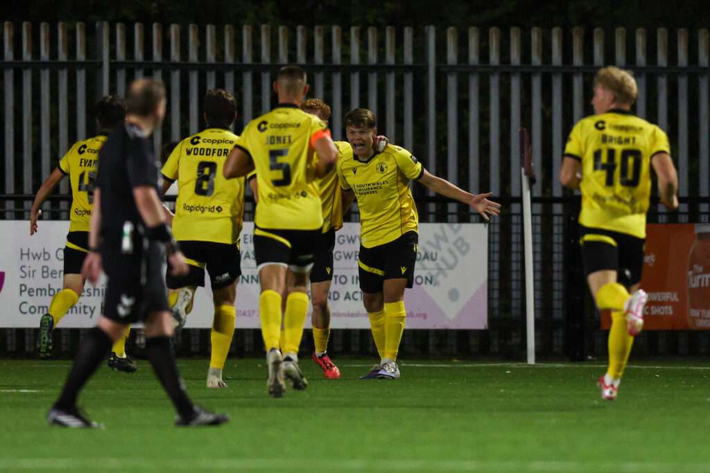 Jac Joseph of Cambrian United celebrates after scoring a goal 0-3 during the 2026/27 Novira Cymru Premier fixture between Haverfordwest County & Cambrian United at Ogi Bridge Meadow, Haverfordwest, Wales