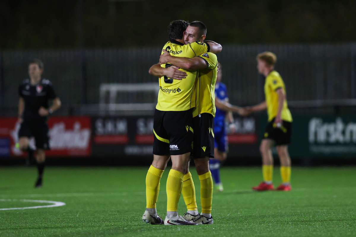 Cambrian United celebrate at the end of the match during the 2026/27 Novira Cymru Premier fixture between Haverfordwest County & Cambrian United at Ogi Bridge Meadow, Haverfordwest, Wales