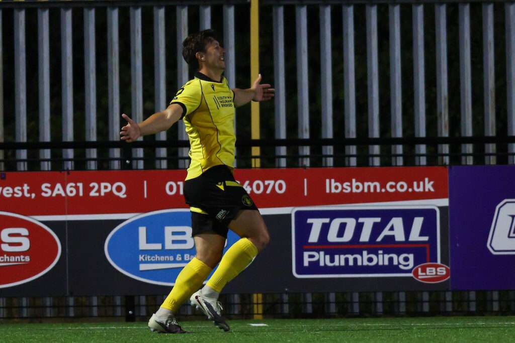 Jay Woodford of Cambrian United celebrates after scoring a goal 0-1 during the 2026/27 Novira Cymru Premier fixture between Haverfordwest County & Cambrian United at Ogi Bridge Meadow, Haverfordwest, Wales