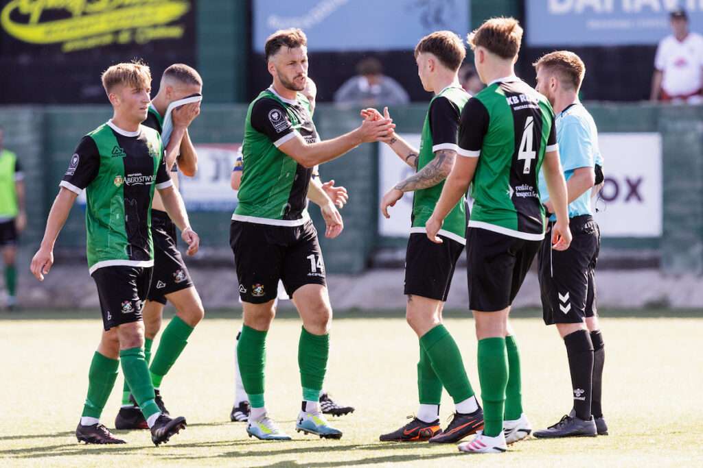Aberystwyth Town's Arron Williams scores and celebrates 5-1 during the 2026/27 Novira Cymru South fixture between Aberystwyth Town FC & Llantwit Major FC at Park Avenue, Aberystwyth, Wales