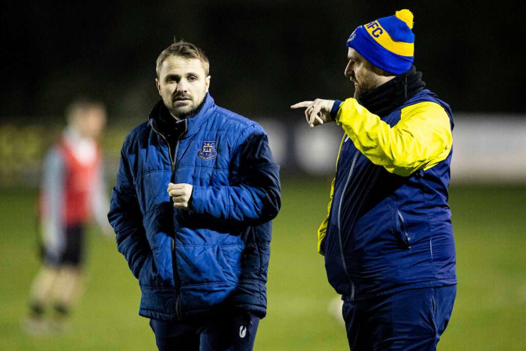 Llantwit Major manager Ben Stait during half time.
Taffs Well v Llantwit Major in the JD Cymru South at Rhiw Dda’r on the 23rd February 2024