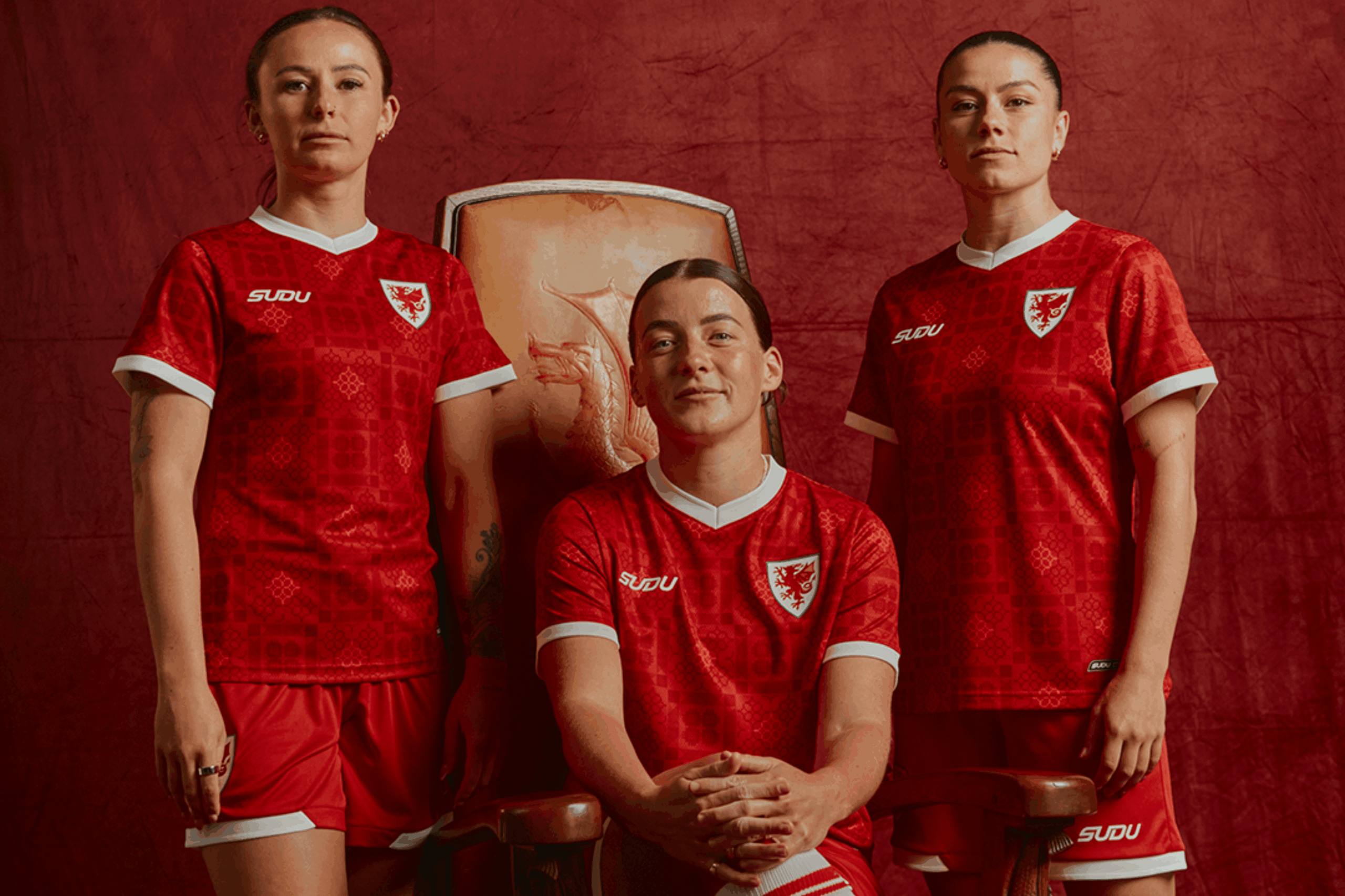 Hannah Cain, Angharad James, and Ffion Morgan model the new Wales 2026 home shirt
