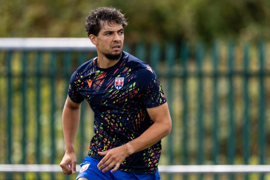 Tyler Walker of Penybont during the Novira Cymru Premier matchl between Penybont & The New Saints at the DragonBet Stadium, Bridgend, Wales
