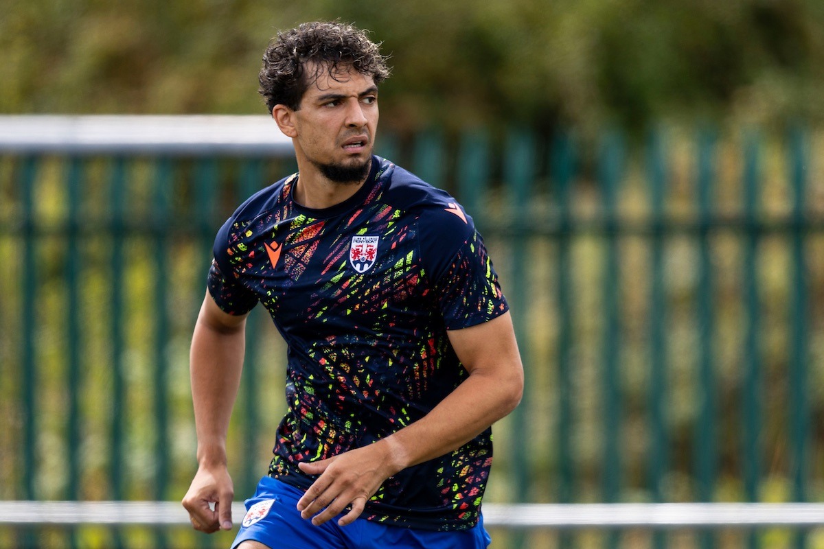 Tyler Walker of Penybont during the Novira Cymru Premier matchl between Penybont & The New Saints at the DragonBet Stadium, Bridgend, Wales