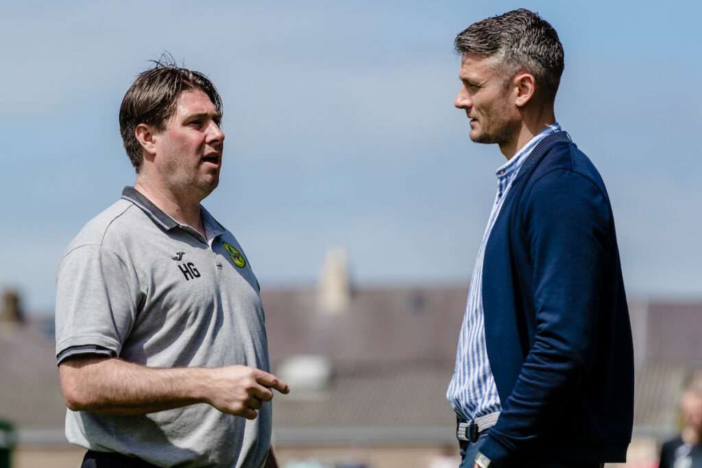 Owain Tudor Jones and Caernarfon Town Manger Huw Griffiths during the JD Cymru Premier Play-Off Final fixture between Caernarfon Town & Flint Town United at The Oval Stadium, Caernarfon, Wales, 14th May, Wales, UK