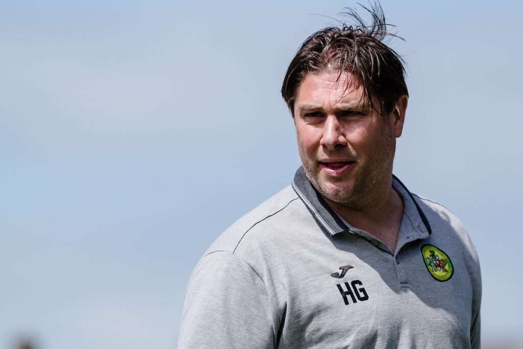 Caernarfon Town Manger Huw Griffiths during the JD Cymru Premier Play-Off Final fixture between Caernarfon Town & Flint Town United at The Oval Stadium, Caernarfon, Wales, 14th May, Wales, UK