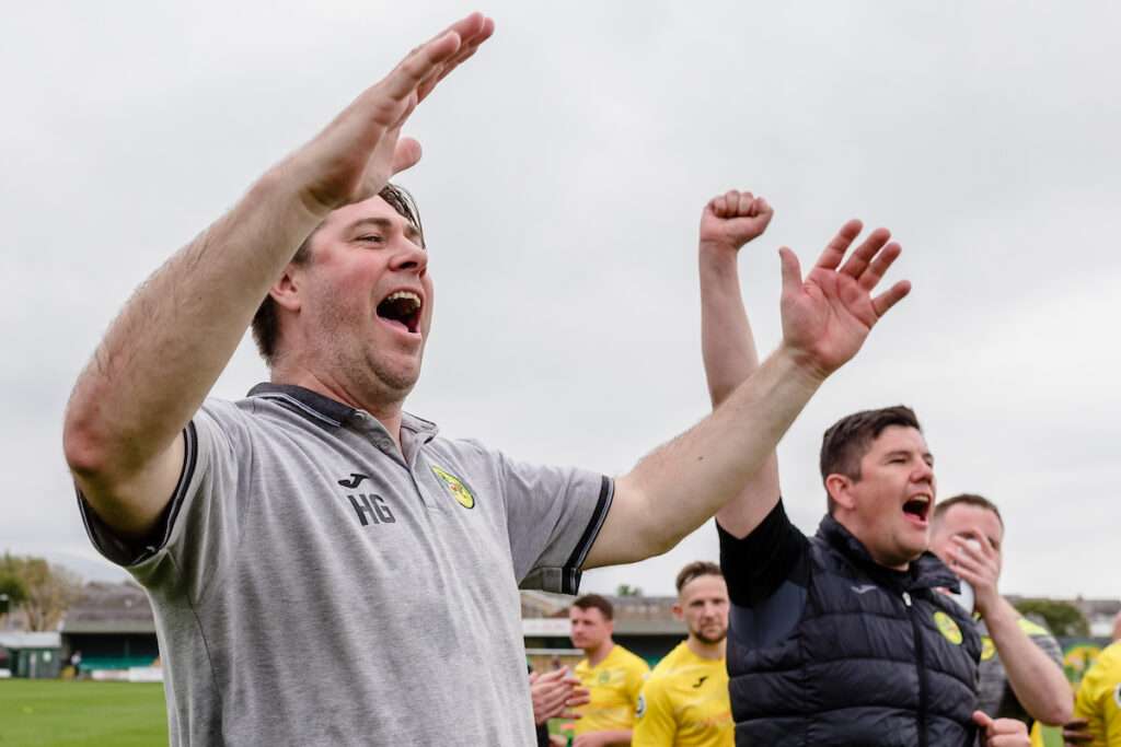 Caernarfon Town Manger Huw Griffiths celebrates winning the JD Cymru Premier Play-Off Final fixture between Caernarfon Town & Flint Town United at The Oval Stadium, Caernarfon, Wales, 14th May, Wales, UK