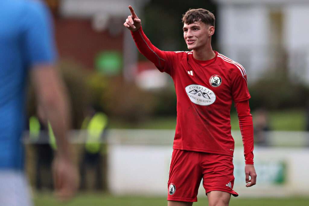 Buckley's Josh Allen points during Buckley Town vs CPD Bangor 1876 in 16 of the JD Cymru North at The Globe, Buckley