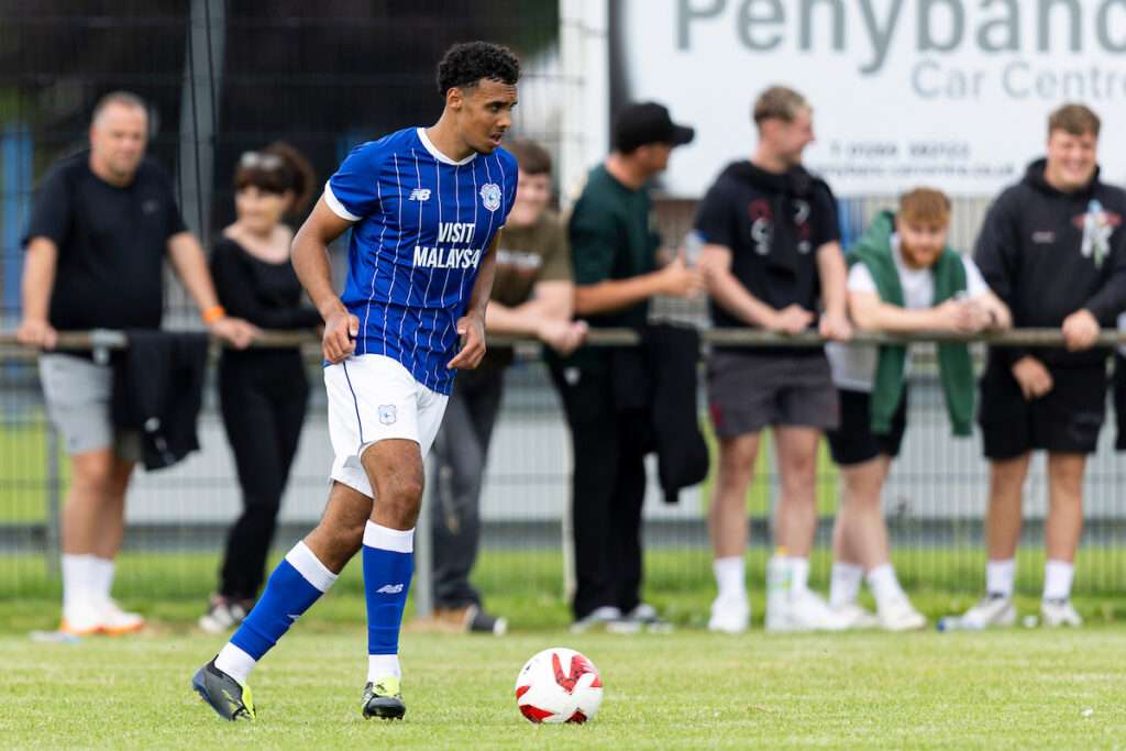 Alyas Debono of Cardiff City in action.
Ammanford v Cardiff City u21 in the Nathaniel MG Cup at The Recreation Ground on the 19th July 2025