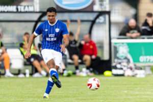 Alyas Debono of Cardiff City in action. Ammanford v Cardiff City u21 in the Nathaniel MG Cup at The Recreation Ground on the 19th July 2025