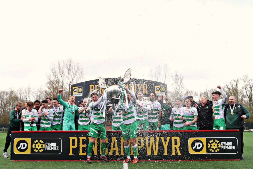 The New Saints celebrate lifting the JD Cymru Premier Trophy after The New Saints vs Connah's Quay Nomads in Round 9 of the JD Cymru Premier Championship Conference at Park Hall, Oswestry