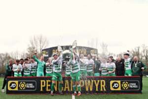 The New Saints celebrate lifting the JD Cymru Premier Trophy after The New Saints vs Connah's Quay Nomads in Round 9 of the JD Cymru Premier Championship Conference at Park Hall, Oswestry