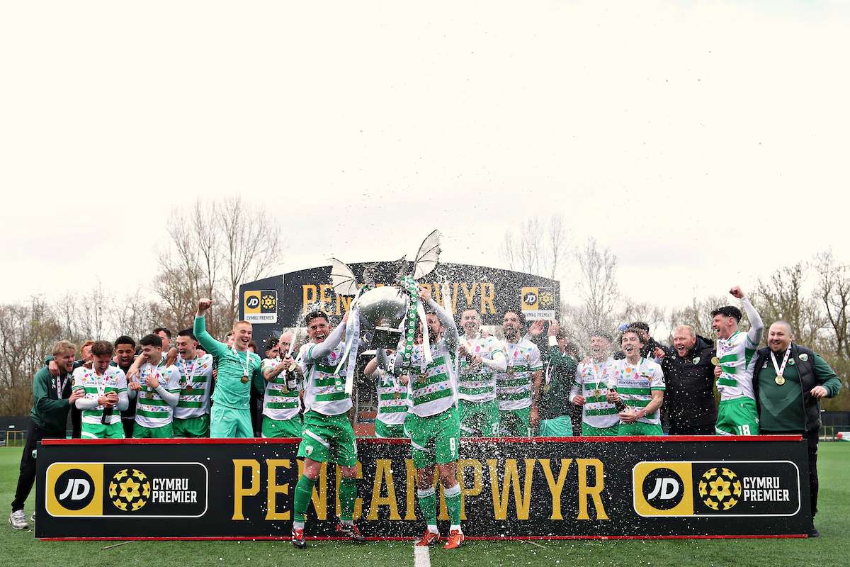 The New Saints celebrate lifting the JD Cymru Premier Trophy after The New Saints vs Connah's Quay Nomads in Round 9 of the JD Cymru Premier Championship Conference at Park Hall, Oswestry