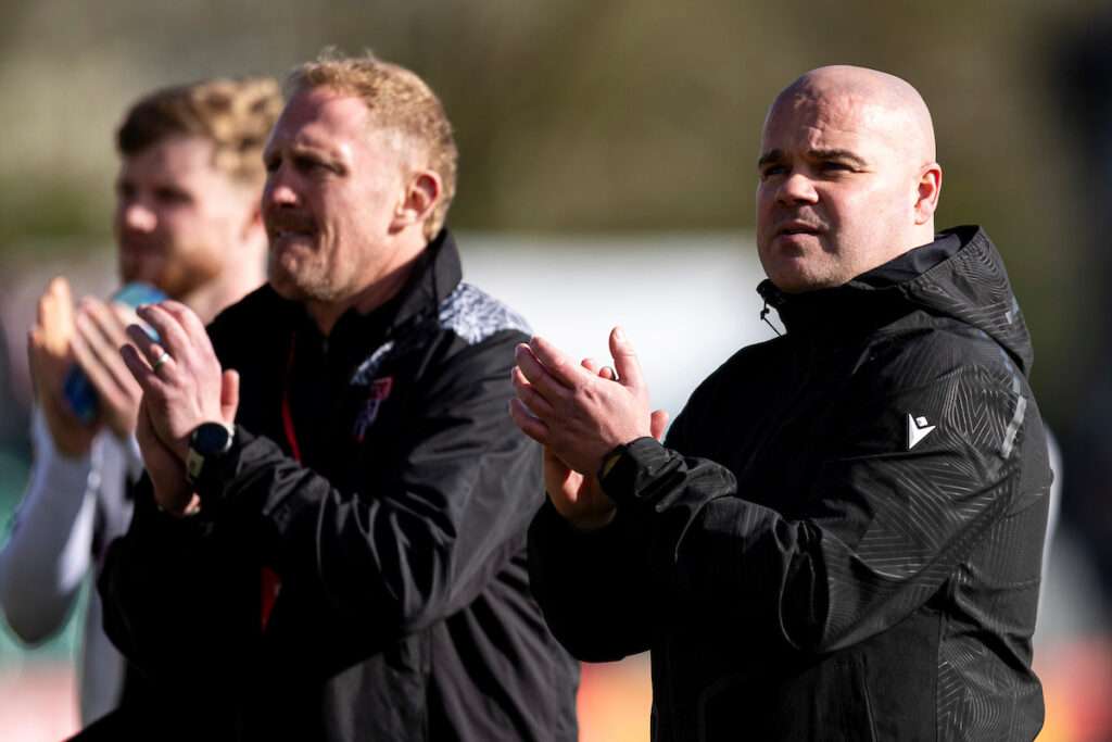 Flint Town manager Lee Fowler during 2025/26 JD FAW Welsh Cup Final fixture between Caernarfon Town F.C & Flint Town United F.C at Rodney Parade, Newport, Wales