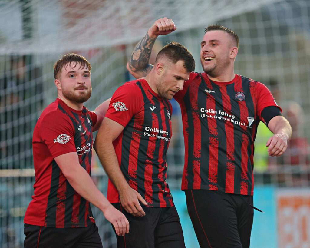 Danny Brookwell of CPD Porthmadog celebrates his goal during CPD Porthmadog vs Knighton Town in the Lock Stock Ardal North League Play-Off Final at Park Avenue, Aberystwyth