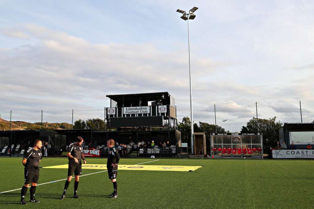A general view of the Go Goodwins Stadium before Llandudno FC vs Holywell Town in Round 3 of the Novira Cymru Premier at the Go Goodwins Stadium, Llandudno