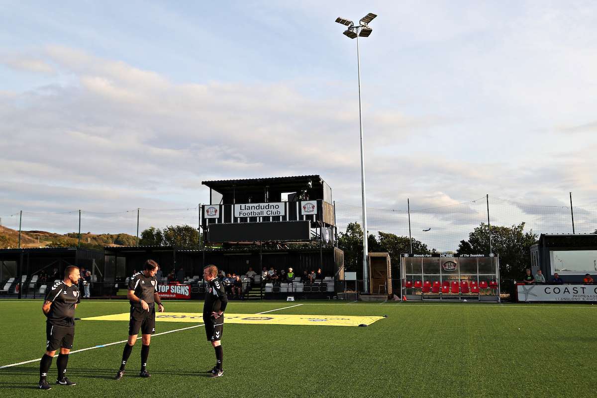A general view of the Go Goodwins Stadium before Llandudno FC vs Holywell Town in Round 3 of the Novira Cymru Premier at the Go Goodwins Stadium, Llandudno