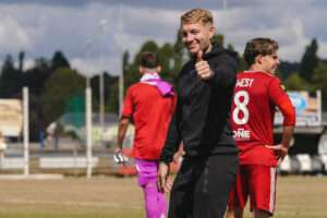 Connah's Quay Nomads Manager John Disney during the Novira Cymru Premier 2026/27 fixture Ammanford AFC vs Connahs Quay Nomads at Ammanford Recreation Ground, Ammanford, Wales