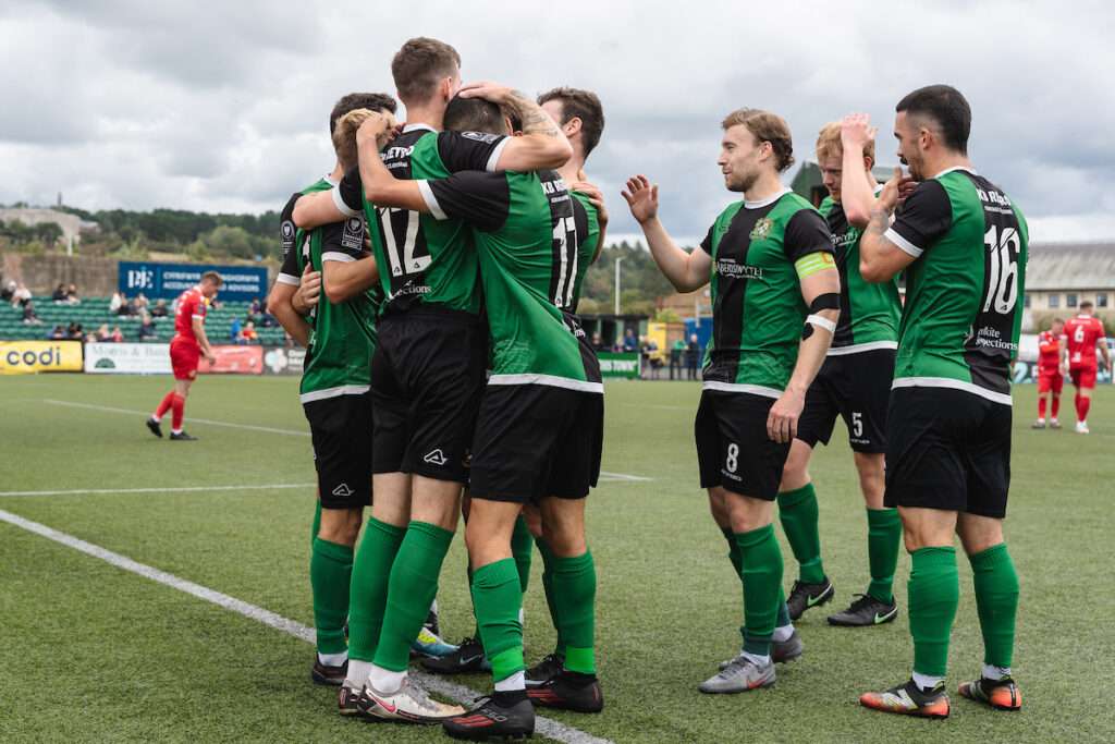 Aberystwyth Town's Daniel Owen celebrating his goal during the Novira Cymru South fixture Aberystwyth Town vs Llanelli Town at Park Avenue, Aberystwyth, Wales