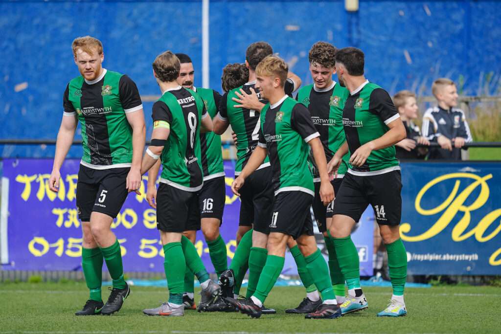 Aberystwyth Town's Dillon Browne celebrating his goal during the Novira Cymru South fixture Aberystwyth Town vs Llanelli Town at Park Avenue, Aberystwyth, Wales