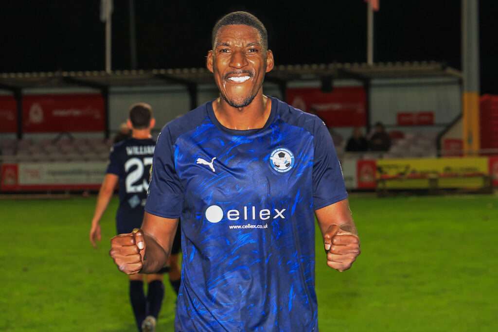 Airbus UK Broughton's Brandon Diau celebrate at full time during the 2026/27 Novira Cymru Premier League fixture between Briton Ferry Llansawel & Airbus UK Broughton at The Renewable Centre Stadium, Neath, Wales