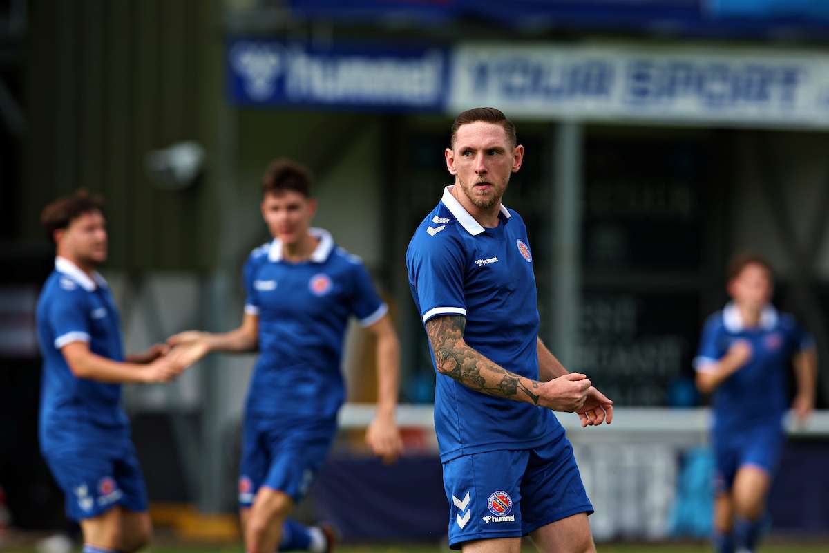 CPD Dinas Bangor 1876's Declan McManus celebrates his second goal during CPD Dinas Bangor 1876 vs CPD Y Rhyl 1879 in Round 7 of the Novira Cymru North at the Bangor City Stadium, Bangor