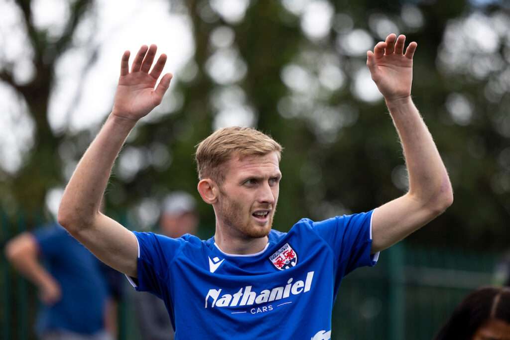 Penybont's Tom Mehew during the Novira Cymru Premier match between Penybont & Colwyn Bay at the DragonBet Stadium, Bridgend, Wales