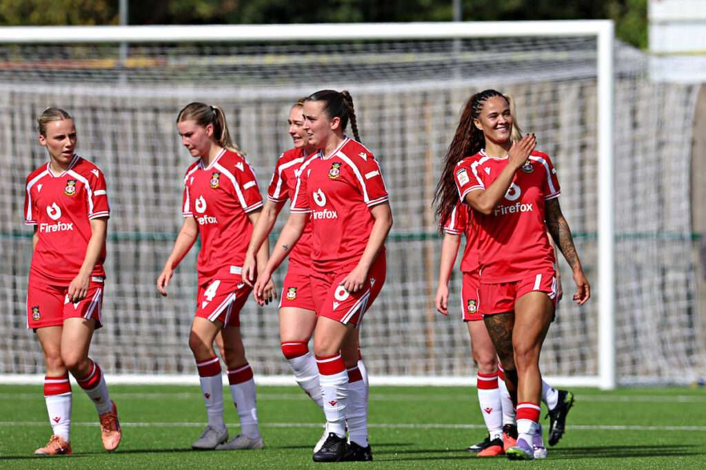 Wrexham AFC Women's Natasha Thomas celebrates her goal during Wrexham AFC Women vs Aberystwyth Town Women in Round 1 of the Genero Adran Premier at The Rock, Cefn Mawr