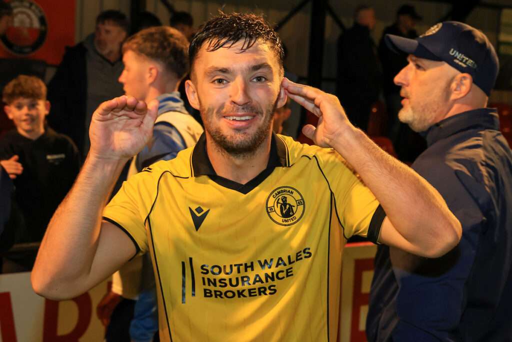 PORT TALBOT, WALES -15 September 2026: Cambrian Uniteds Liam Eason at full time during the 2026/27 Novira Cymru Premier League fixture between Trefelin BGC & Cambrian United FC at The Elsey Creative Ynys Park Stadium, Port Talbot, Wales. (Pic by Geraint Nicholas/FAW)