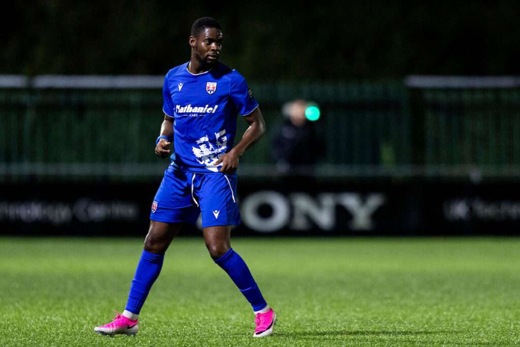 Penybont's Jonathan Leko during the Novira Cymru Premier match between Penybont & Briton Ferry Llansawel at the DragonBet Stadium, Bridgend, Wales