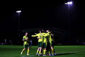 Caernarfon Town's Sion Bradley celebrates scoring a penalty during Caernarfon Town vs Cambrian United in Round 10 of the Novira Cymru Premier at The Oval, Caernarfon