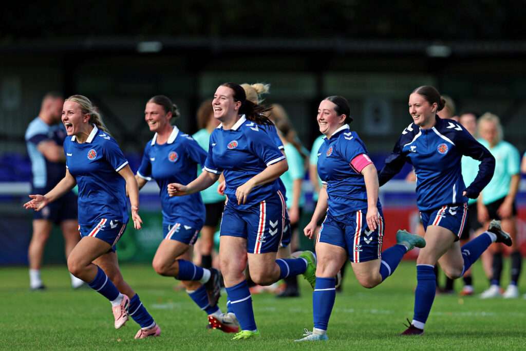 Bangor celebrate winning the penalty shootout after CPD Dinas Bangor 1876 Women vs Llangefni Town Ladies in 1st Qualifying Round of the Bute Energy Welsh Cup at Bangor City Stadium, Bangor
