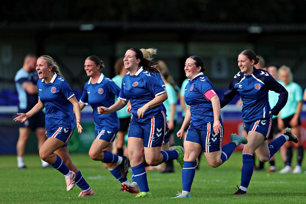 Bangor celebrate winning the penalty shootout after CPD Dinas Bangor 1876 Women vs Llangefni Town Ladies in 1st Qualifying Round of the Bute Energy Welsh Cup at Bangor City Stadium, Bangor