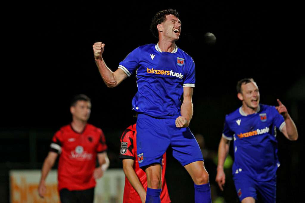 Ruthin Town's Tom Mann celebrates his goal during Ruthin Town vs CPD Penrhyncoch in Round 9 of the Novira Cymru Leagues North at the Memorial Playing Fields, Ruthin