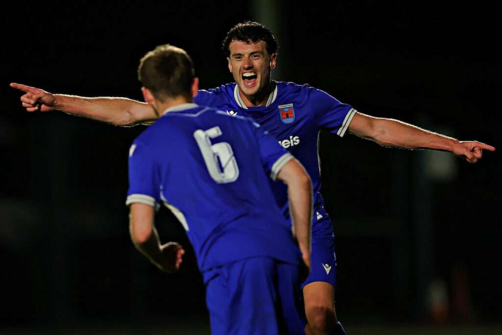 Ruthin Town's Ethan Davies celebrates his goal during Ruthin Town vs CPD Penrhyncoch in Round 9 of the Novira Cymru North at the Memorial Playing Fields, Ruthin