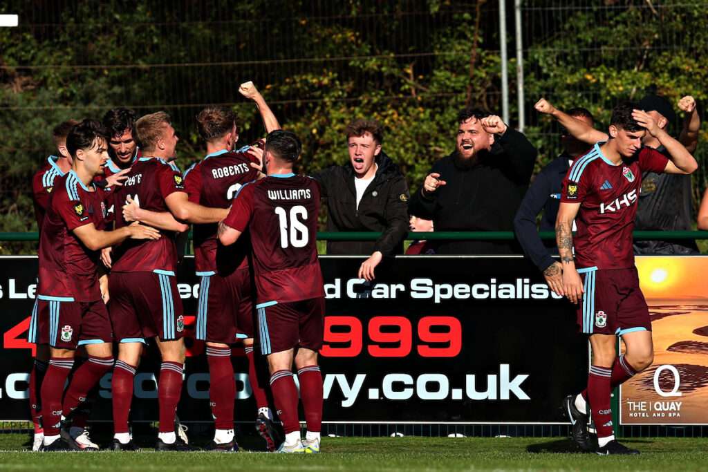 Colwyn Bay FC's Dan Roberts celebrates his goal during Colwyn Bay FC vs Haverfordwest County in Round 11 of the Novira Cymru Leagues Premier at the Blue Turtle Arena, Colwyn Bay