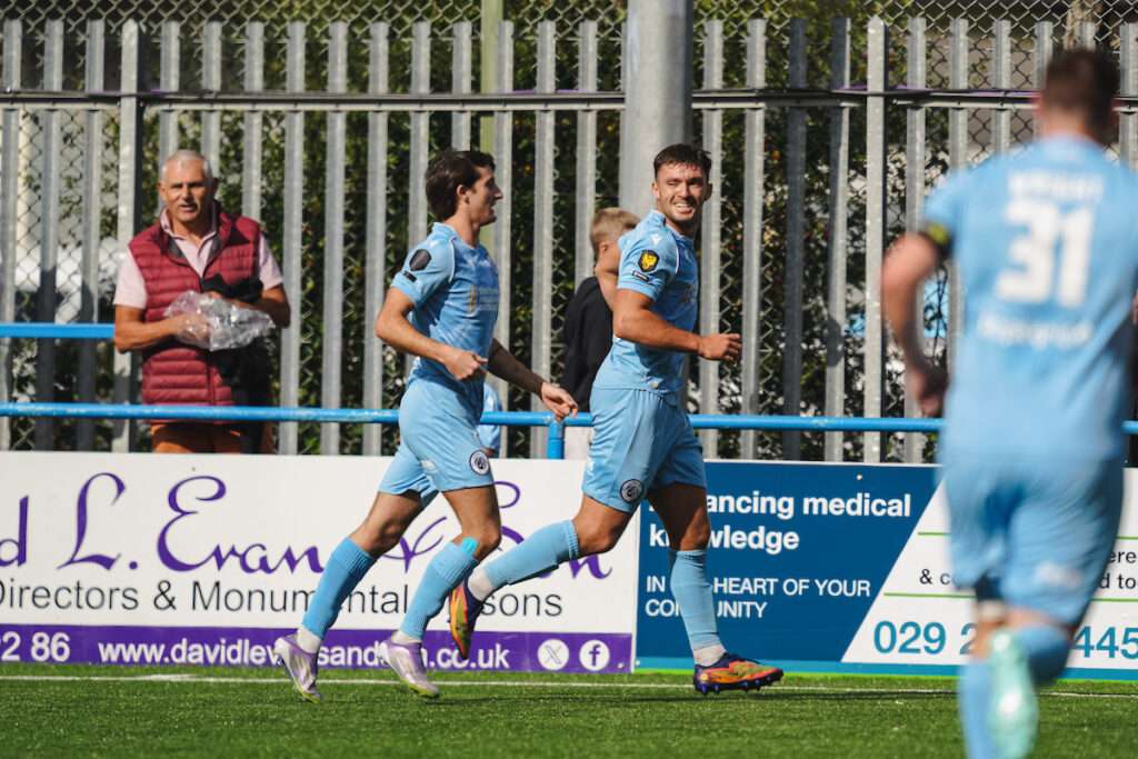 Cambrian United's Liam Eason scores from a free kick during the Novira Cymru Premier 2026/27 fixture Cambrian United vs Llandudno FC at M&P Group 3G, Rhondda, Wales