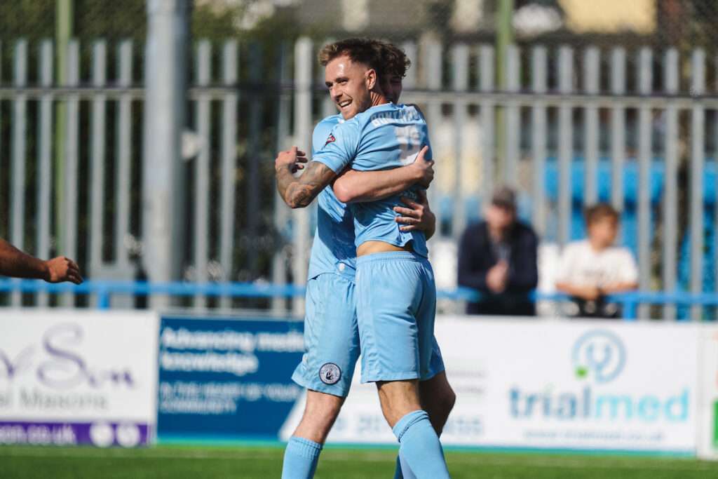 Cambrian United's Alex Bonthron celebrating his goal during the Novira Cymru Premier 2026/27 fixture Cambrian United vs Llandudno FC at M&P Group 3G, Rhondda, Wales