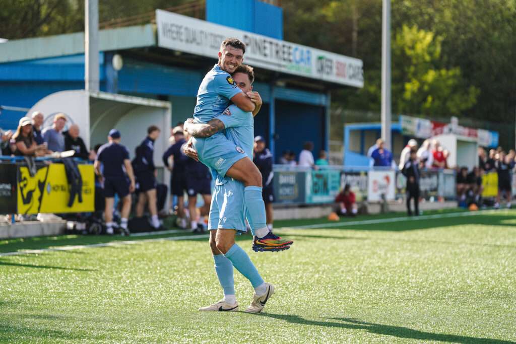 Cambrian United's Alex Bonthron gets his second goal during the Novira Cymru Premier 2026/27 fixture Cambrian United vs Llandudno FC at M&P Group 3G, Rhondda, Wales