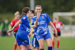 Penybont Women's Megan-ruby Clarke completes her hat trick during the Genero Adran South 2026-27 fixture Penybont Women vs Cambrian United Women at Dragonbet Stadium, Bridgend, Wales
