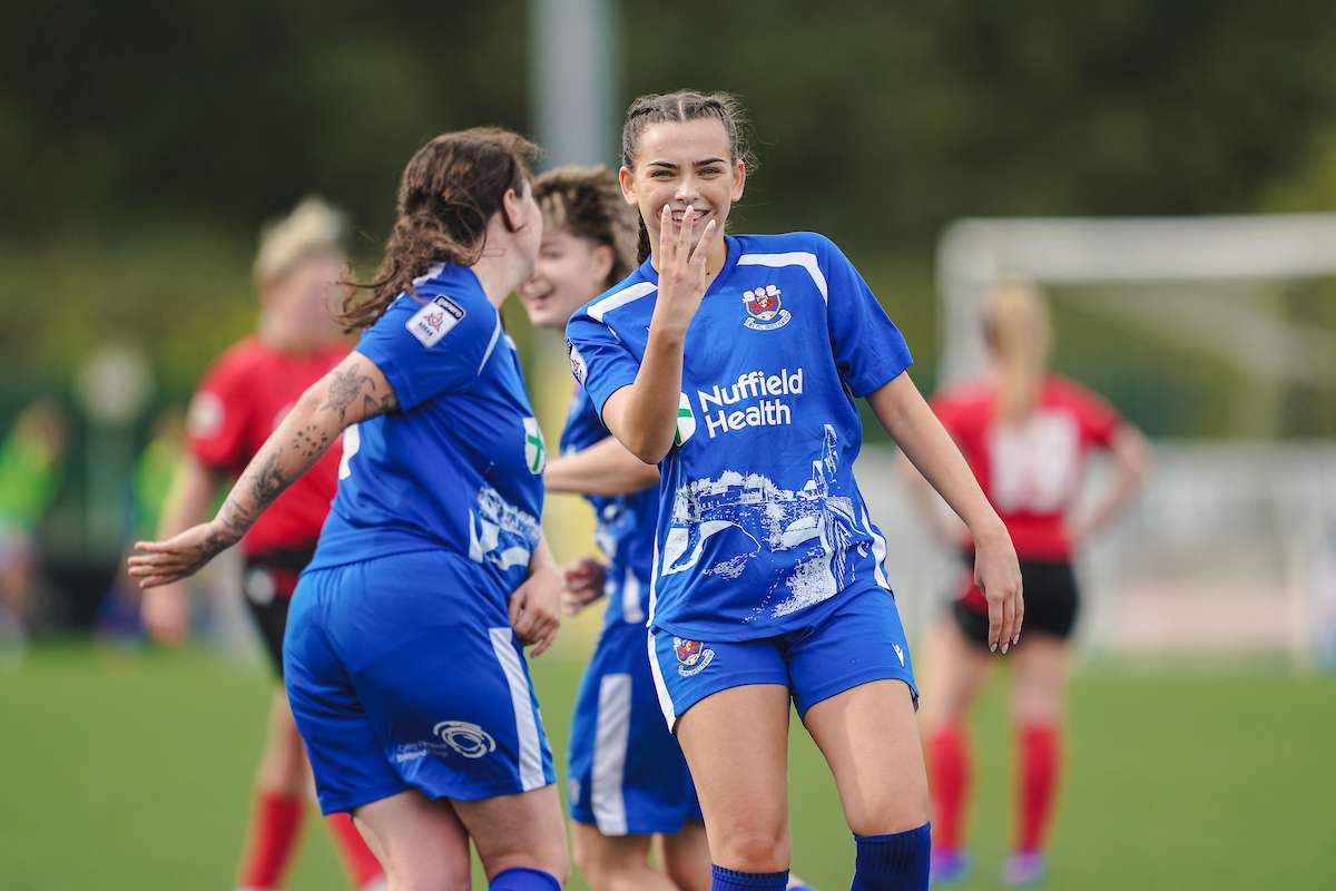 Penybont Women's Megan-ruby Clarke completes her hat trick during the Genero Adran South 2026-27 fixture Penybont Women vs Cambrian United Women at Dragonbet Stadium, Bridgend, Wales