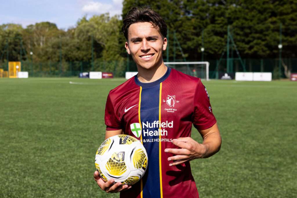 Jasper Payne of Cardiff Met celebrates his hatrick during the 2026/27 Novira Cymru Premier match between Cardiff Met & Holywell Town at Cyncoed Campus, Cardiff, Wales