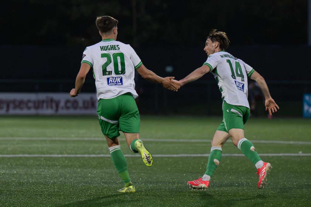 Rhys Hughes of The New Saints F.C. celebrates his goal to make it 1-1 during the Novira Cymru Leagues Premier game between The New Saints and Llandudno FC at the Park Hall Stadium, in Oswestry