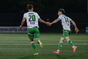 Rhys Hughes of The New Saints F.C. celebrates his goal to make it 1-1 during the Novira Cymru Leagues Premier game between The New Saints and Llandudno FC at the Park Hall Stadium, in Oswestry
