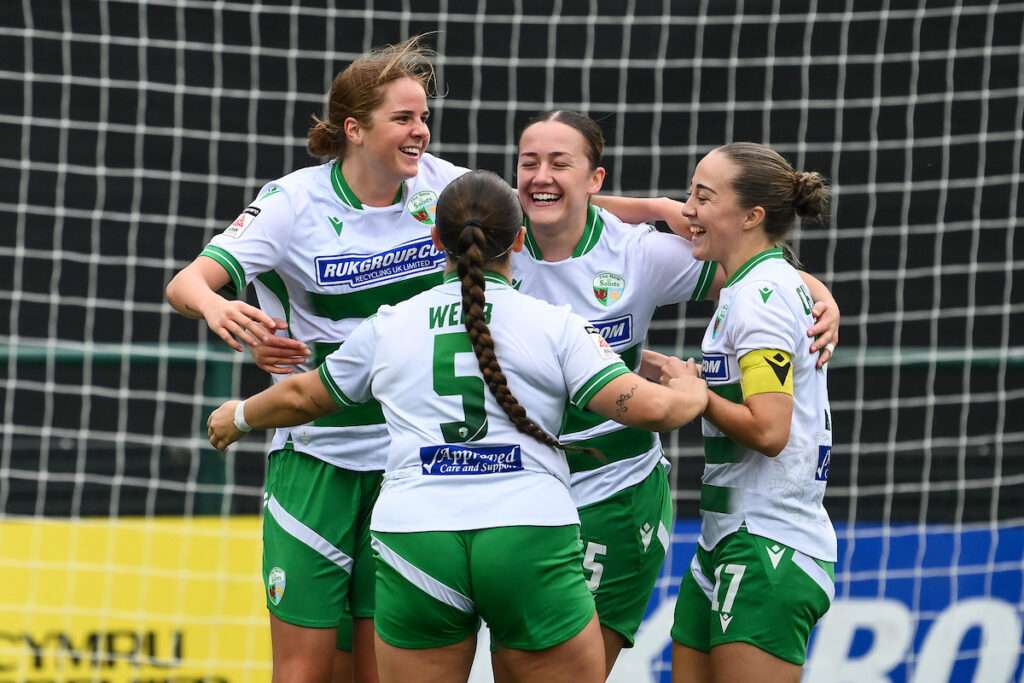 TNS Womens' Fiona Barry celebrates her goal to make it 1-0 during the Genero Adran Leagues Premier game between The New Saints and Swansea City at the Park Hall Stadium in Oswestry
