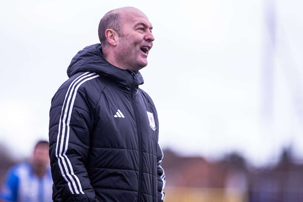 Gresford Athletic’s Manager Dave Evans during the JD Cymru North fixture between Gresford Athletic and Holyhead Hotspur at the Hollingsworth Bros Stadium, Broughton. 1st of March, Broughton, Wales